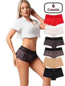 Low Waist Hollow Out Ice Silk Lace Patchwork Women's Thong Panties, Leopard Print Cherry Pattern Sexy Underwear, Wave Hem, 6 Pack