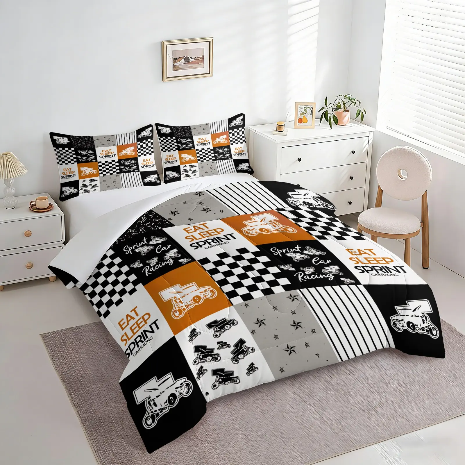 2/3pcs Sprint Car Racing Comforter Set, Fashion Motorcycle Silhouette Quilt Bedding Set with Pillowcases, Race Car Themed Patchwork Grid Pattern Bedspread, Ideal for Fans Teens & Adults Bedroom Decor