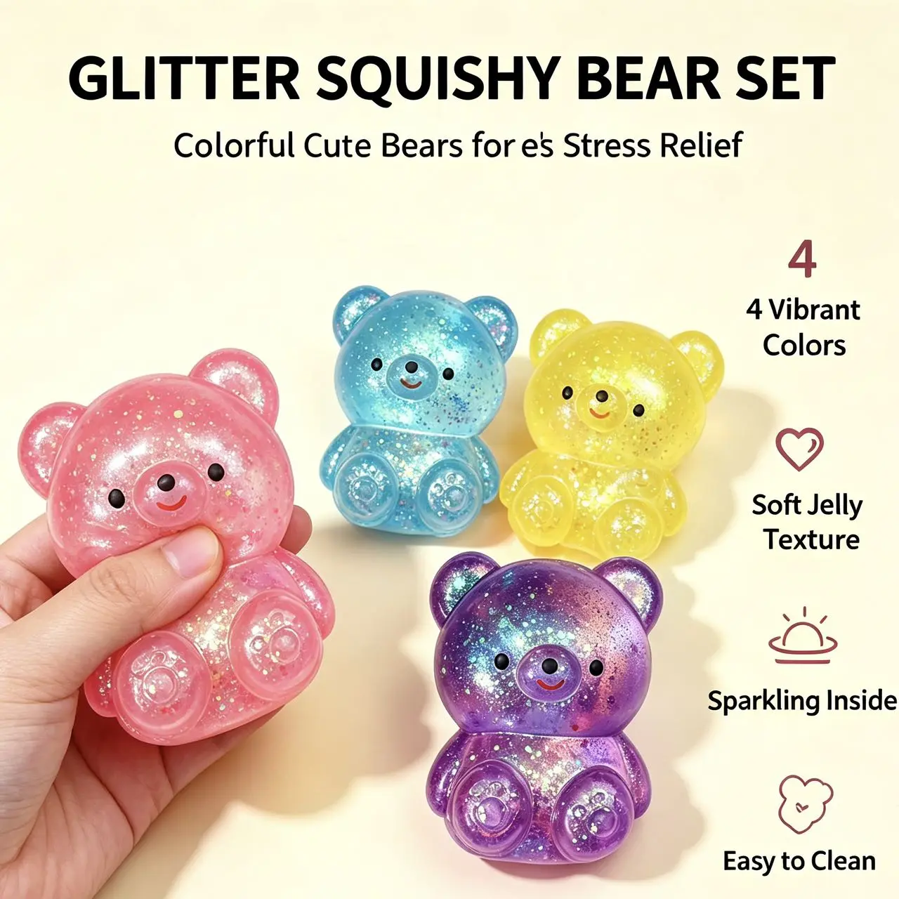 Transparent Glitter Sand Seated Bear Stress Relief Toy, Cute Sparkly Cartoon Bear Desktop Decoration, Relaxing Squeeze Fun Gift, Stress Relief Squishy, Sparkly Squishies