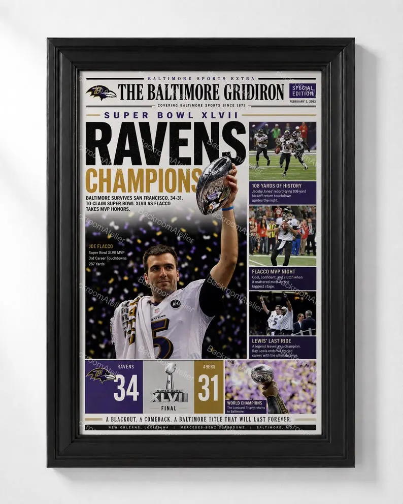 Baltimore Ravens Bowl XLVII Champions Poster - Joe Flacco MVP Print, Ray Lewis Final Game Football Wall Art, Home Decor Artwork for Home Supplies, Bedroom Decor