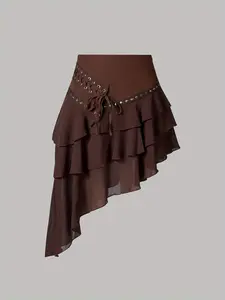 Women's Layered Ruffle Asymmetric Hem Skirt, Boho Style, Vacation Wear, Festival Fashion, Casual, Perfect for Holidays