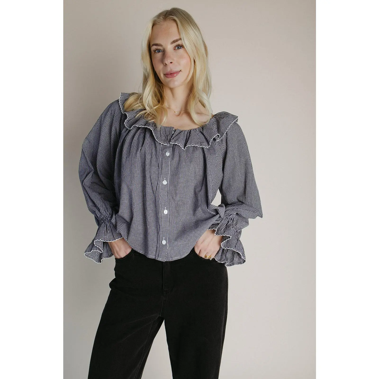 The Donaldson Gingham Ruffle Blouse in Black