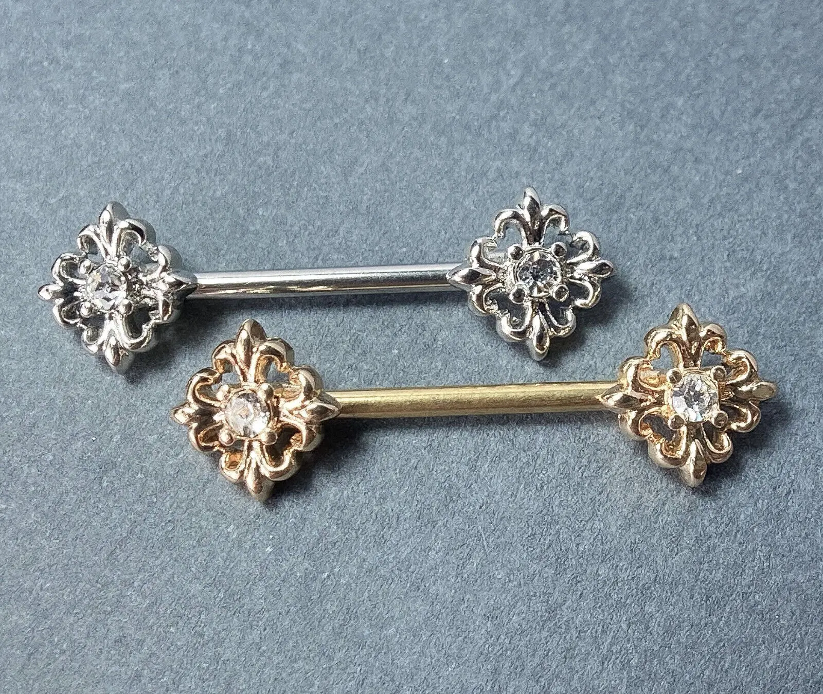 PAIR Fleur De Lis CZ Gem 14g Nipple Ring Barbells Shields Body Piercing Jewelry
