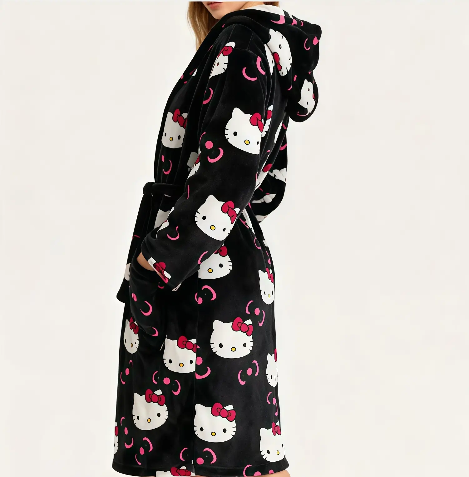 Official Sanrio Hello Kitty Hooded Fleece Robe for Women, Ultra-Soft Coral Fleece Fabric, Self-Tie Waist Belt & Side Pockets, Warm Long Sleeve Bathrobe for Indoor Lounging & After Shower Use