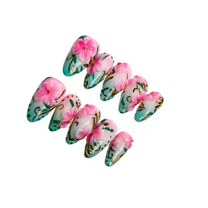 NailBee Green Pink Ombre Stiletto Press On Nails with 3D Pink Flower & Gold Line, Handmade Reusable False Nails 10Pcs for Women Wedding Daily