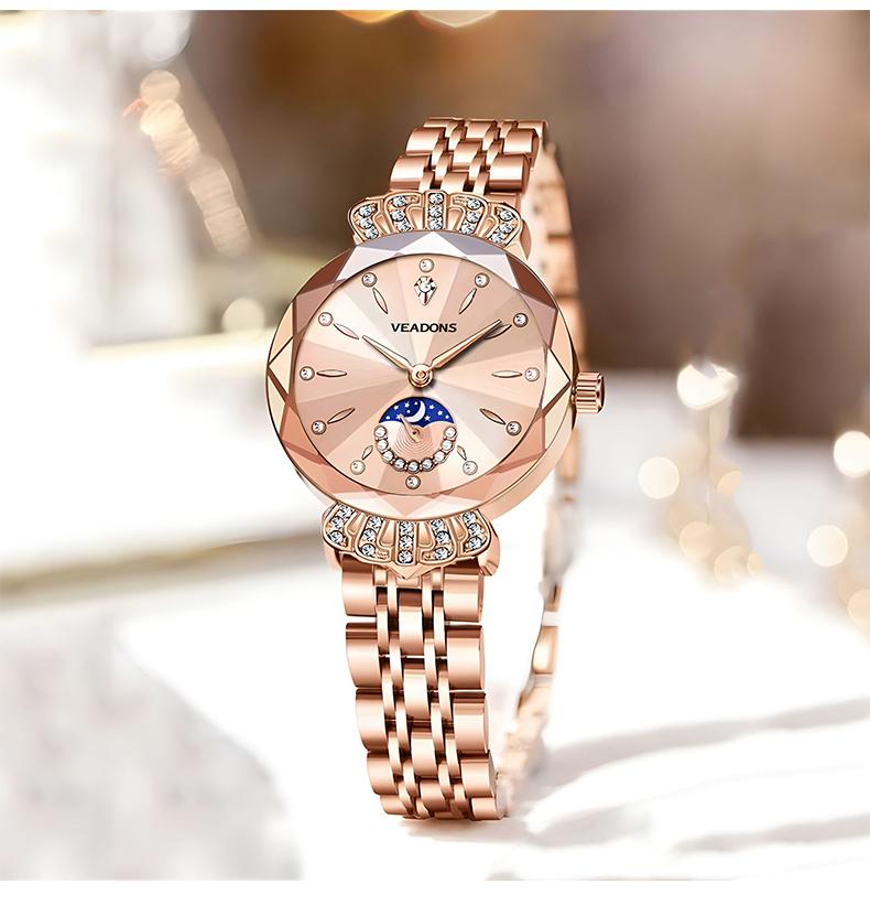 Ludmila Luxury Women's Jewelry Watch Diamond Cut Crystal Stainless Steel Waterproof Moon Star Sun Design Elegant Wristwatch Anniversary Gift for Her