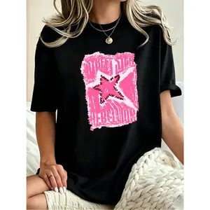 Men’s dark street‑style pink star distressed brushstroke Y2K graphicT‑shirt  —loose oversize urban punk streetwear casual short sleeve  A must‑  Fashio