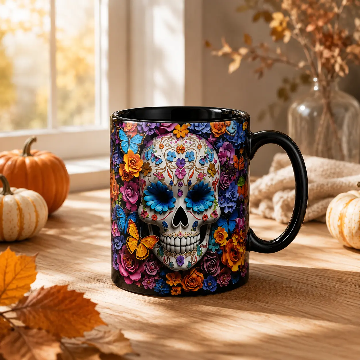 Sugar Skull Floral Mug, Colorful Day of the Dead Coffee Cup, Gothic Skull Butterfly Drinkware, Halloween Gift for Skull Lovers