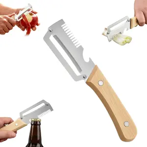 SSKT 3 in 1 Multifunctional Vegetable Peeler for Kitchen – Stainless Steel Potato Peeler with Wooden Handle – Fruit & Veggie Peeler with Bottle Opener – Pumpkin, Papaya & Carrot Peelers