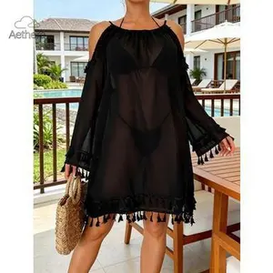 Aether Women's Black Sheer Tassel Beach Cover Up Dress Cold Shoulder Bell Sleeve Mini Dress Swimwear Cover Up for Beach Pool Vacation Boho Charm Flowy Chiffon Fabric