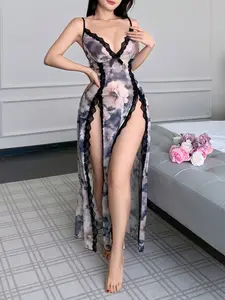 Lace Trim Floral Pattern Sexy Open Slit Mesh Women's Nightgown