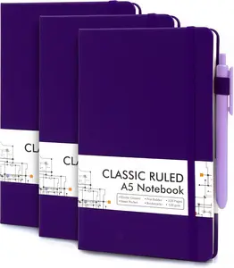 3 Pack Notebooks Journals Bulk, Hardcover Notebook Classic Ruled Lined Journal Set with Pen Holder for Work Business Journaling Note Taking, with 3 Black Pens, 120 GSM, 5.1x8.3, A5, Purple