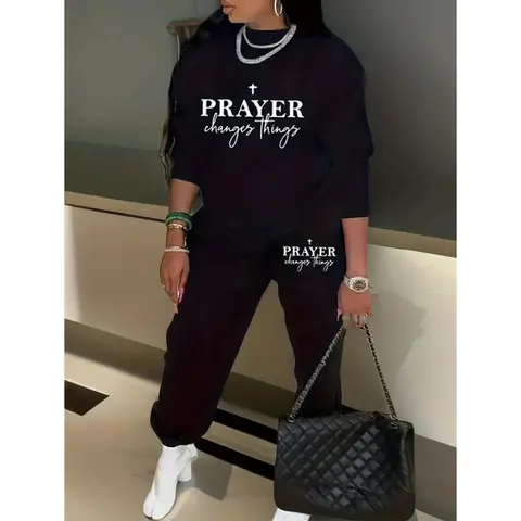 2025 New Plus Size Women's 2-Piece Casual Sports Loungewear Set - Longsleeves Crew Neck Letters Print Pullover Sweatshirt, Athletic Lounge Pants, Comfortable Fit, Layering & Everyday Homewear