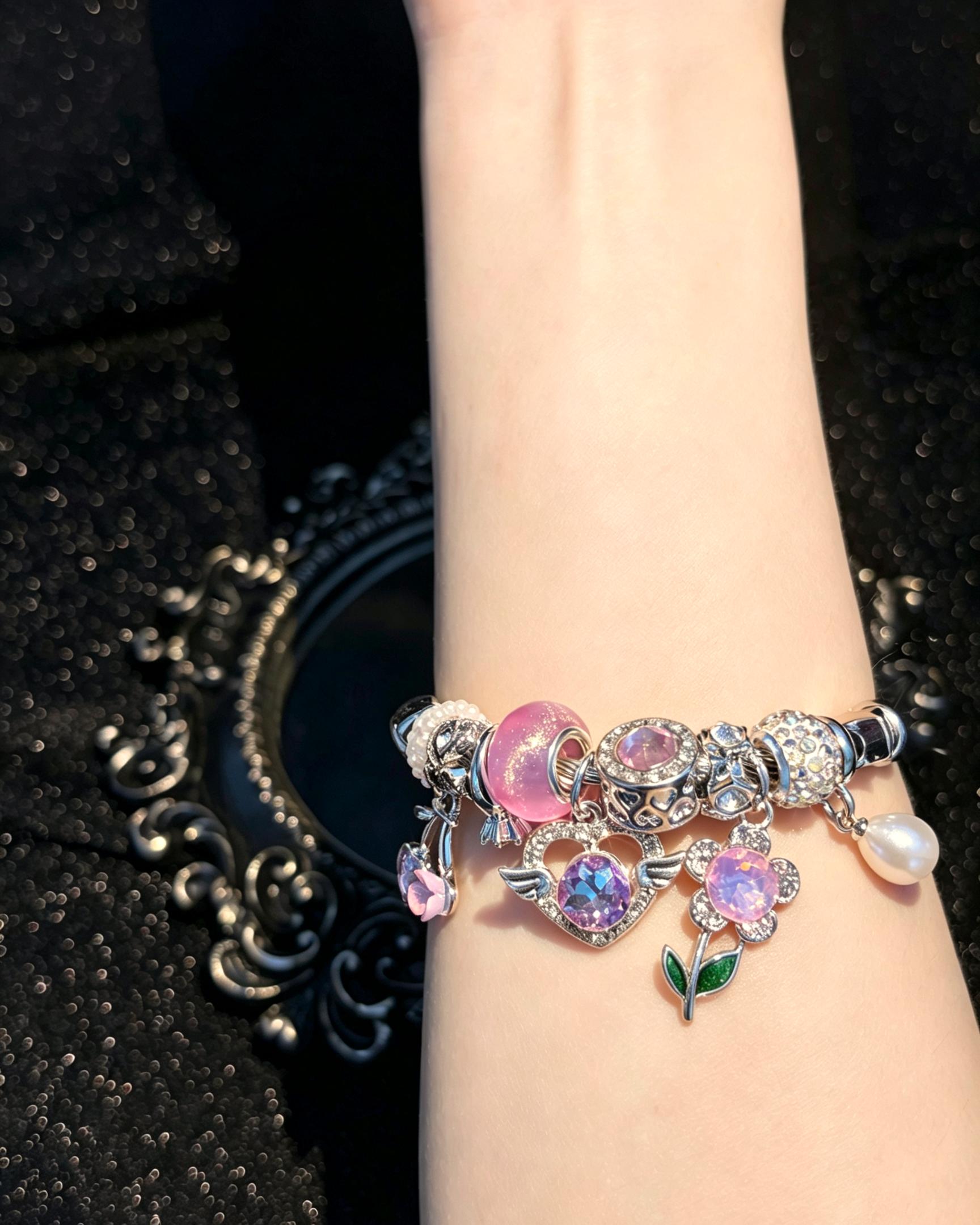 Women's Silver-Tone Open Cuff Bangle Bracelet - Dreamy Pink-Purple Crystal, Flower, Heart, Pearl Charms - Stackable Costume Jewelry Gift Women's Silver-Tone Open Cuff Bangle Bracelet - Dreamy Pink-Purple Crystal, Flower, Heart, Pearl Charms - Stackable Costume Jewelry Gift