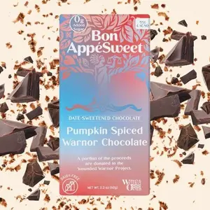 Bon Appesweet Date Sweetened Organic Chocolate Bar | Pumpkin Spiced Warrior Chocolate | 2.2 Ounce |  Zero Added Sugar, 53% Cacao, Plant Based, Dairy Free, Limited Ingredients, and Guilt Free Snack!