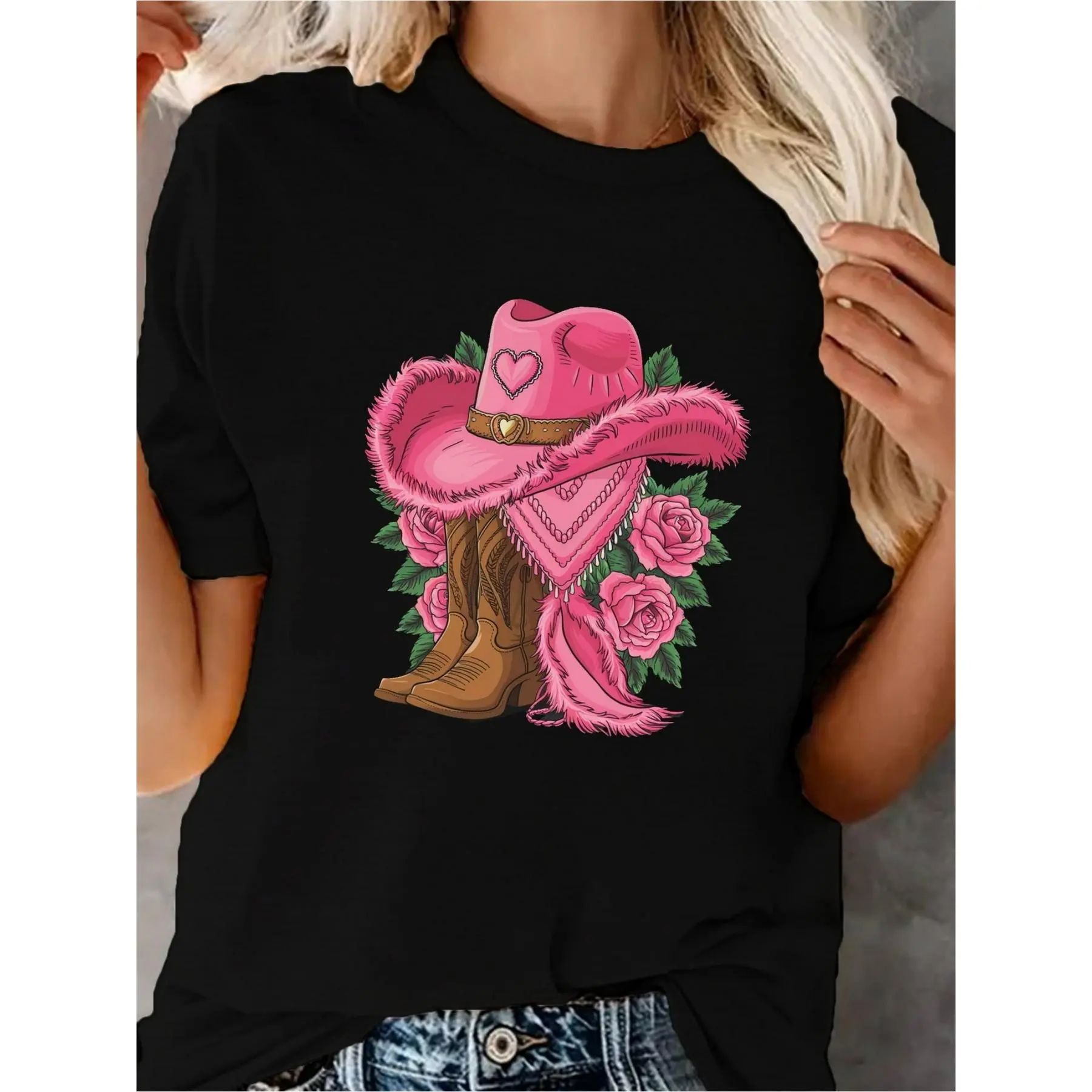 Women's 180g Black Cotton Crew Neck Short Sleeve T-Shirt with Vibrant Pink Cowboy Hat, Boots and Roses Graphic Print, Stylish Western Themed Summer Casual Tee, Comfortable Country Music Festival Outfit, Trendy Rodeo Party Attire by TEMU