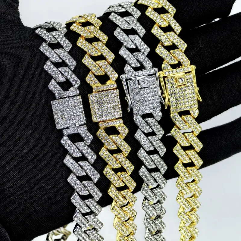 New European and American Cuban chain, 15mm diamond-shaped flip cover, fully encrusted with diamonds, hip-hop style bracelet and necklace, large gold chain, cross-border