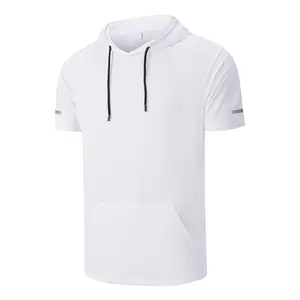Men’s short-sleeve hooded sweatshirt, quick-dry breathable sports hoodie T-shirt with pockets, summer fitness top, solid color minimalist design, available in multiple colors