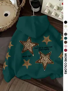 Women's Fall Winter Loose Hooded Long Sleeve Sweatshirt with Pockets, Graphic Hoodie, Fashion Vintage Leopard Star Print, Comfortable Casual Sportswear Womenswear