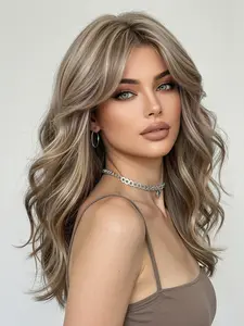 20-Inch Wavy Wig with Bangs, Synthetic Wig, Heat-Resistant Fiber Full Headpiece, Suitable for Daily Wear, Women's Stylish Hair Extension, Synthetic Fiber Wigs