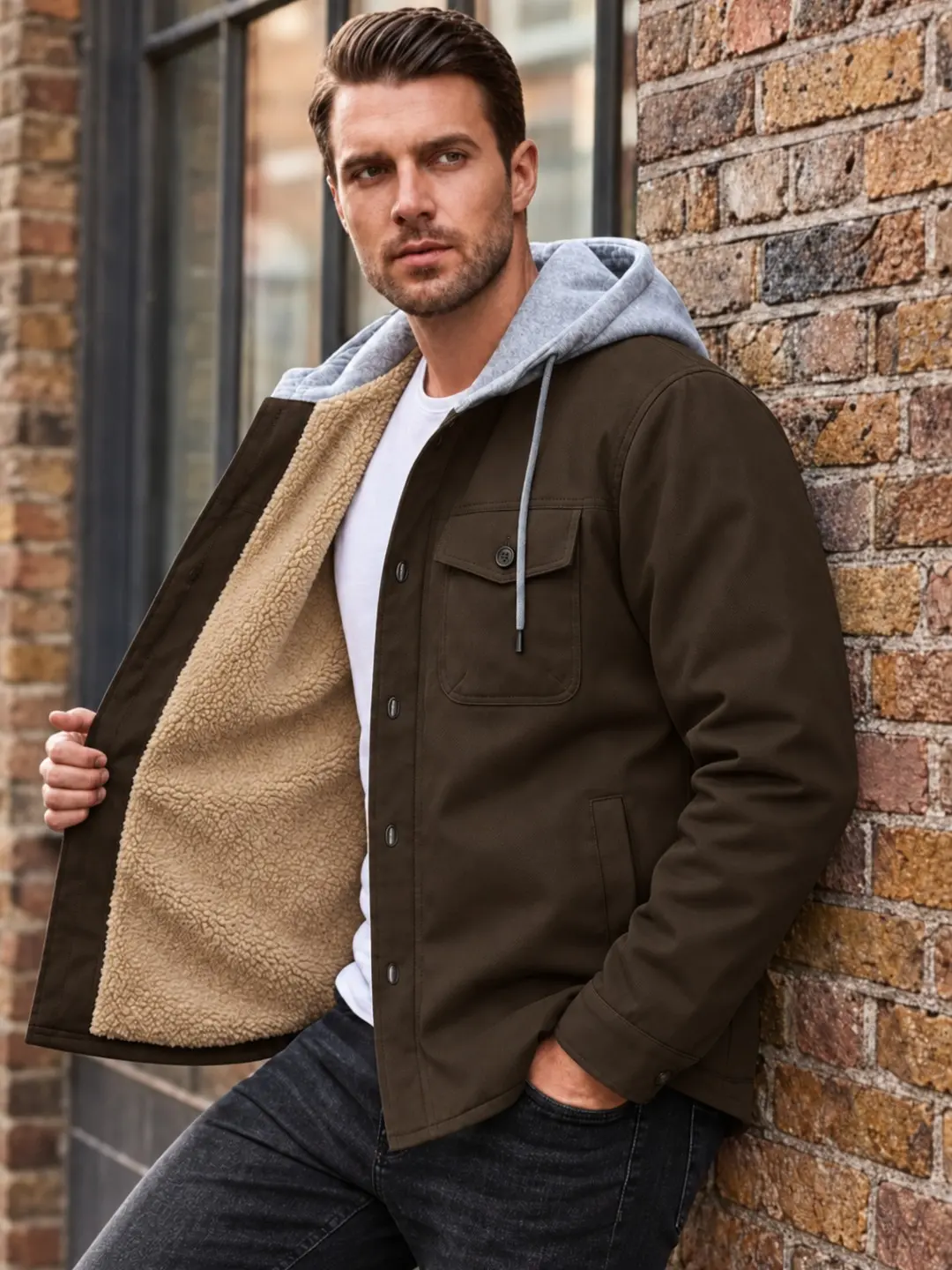 Menswear Men’s Plain Simple Black Fleece-Lined Hooded Button-Down Utility Jacket, Casual Fall/Winter Workwear Coat for Streetwear & Everyday Outfits