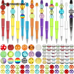 105Pcs Plastic Beadable Pens Assorted Bead Pens Multicolor Beads Bubblegum Beads Crystal Spacer Beads Black Ink Ballpoint DIY Set for Summer Ocean Party Gifts
