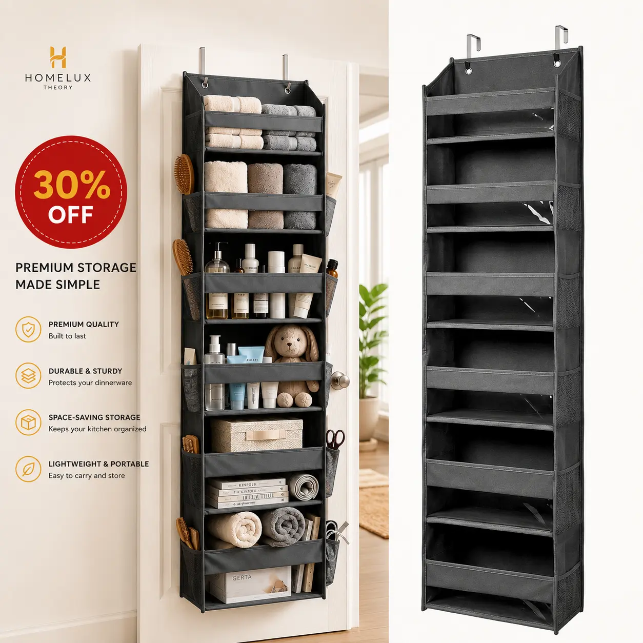 【Summerfinds】HOMELUX THEORY Over The Door Organizer, Hanging Storage Organizer with Multi-Size Pockets & Mesh Side Storage, Door Organizer for Bathroom, Bedroom, Closet & Nursery