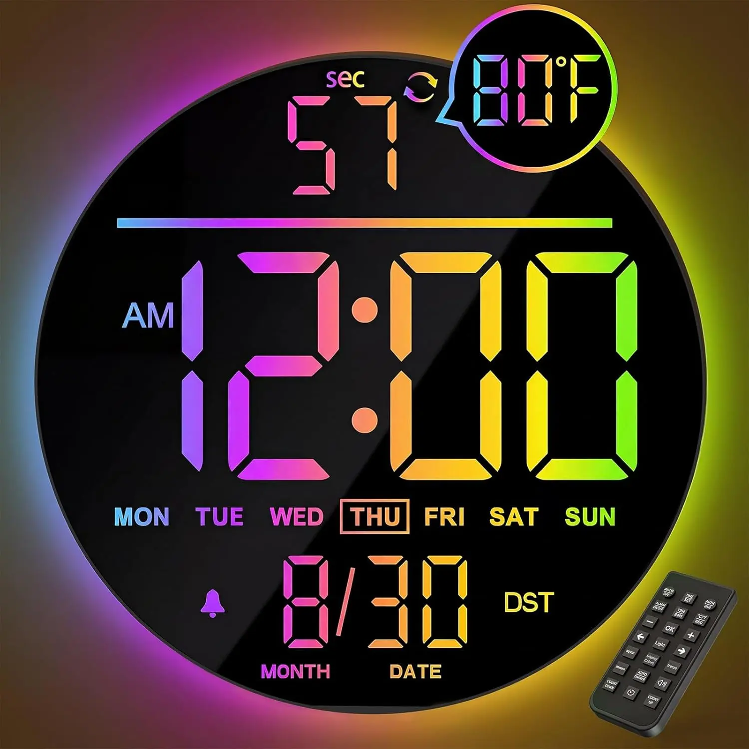 JALL 10" Large Digital Wall Clock - Remote Control, RGB Colors, Big LED Display, Alarm, Countdown, Temperature, Easy Read for Seniors, Room Decor, Easy Installation, Ideal Gift