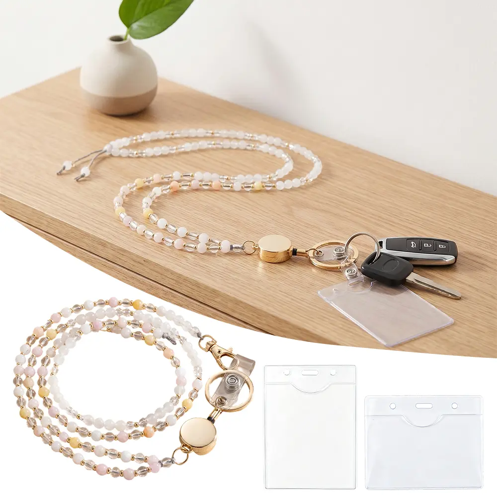 1Set Beaded Lanyards ID Holder, 360° Rotatable Clip, Keychain Necklace Strap, Durable Plastic Card Organizer for Students, Office & Commuting