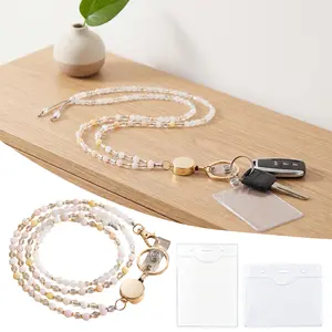 1Set Beaded Lanyards ID Holder, 360° Rotatable Clip, Keychain Necklace Strap, Durable Plastic Card Organizer for Students, Office & Commuting