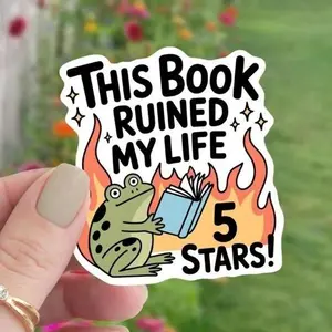 This Book Ruined My Life 5 Stars, Funny Book Lover Quote, Trendy Reading Sticker Design, Cute Frog Reader