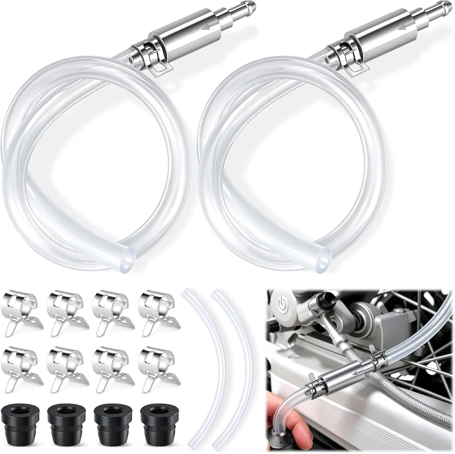 2 x Universal Fit Brake Bleeder Tool Kit - Transparent Soft Hoses, 1-Way Check Valve, Screw Caps, Metal Clips, Corrosion-Resistant Aluminum Fluid Deflator for Cars, Motorcycles