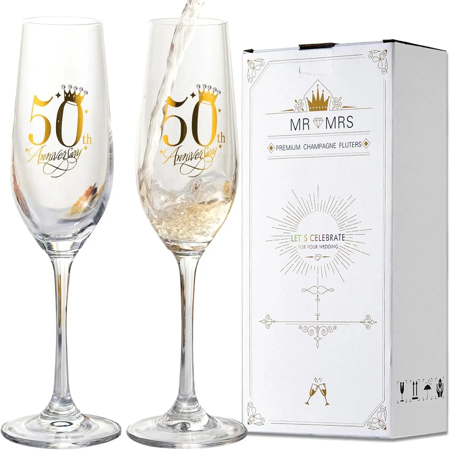 50th Wedding Anniversary Champagne Flutes 50th Anniversary Decorations Rhinestone Embellished Champagne Glasses Wedding Gifts for Parents