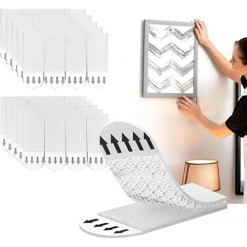 No-Drill Double Sided Adhesive Wall Hooks, Heavy Duty Hook and Loop Fasteners Hardware - 24P(48S) Hangable Damage-Free Sticky Hangers for Smooth/Wood Walls, Poster Frame Mounting & Room Decor Home Organization