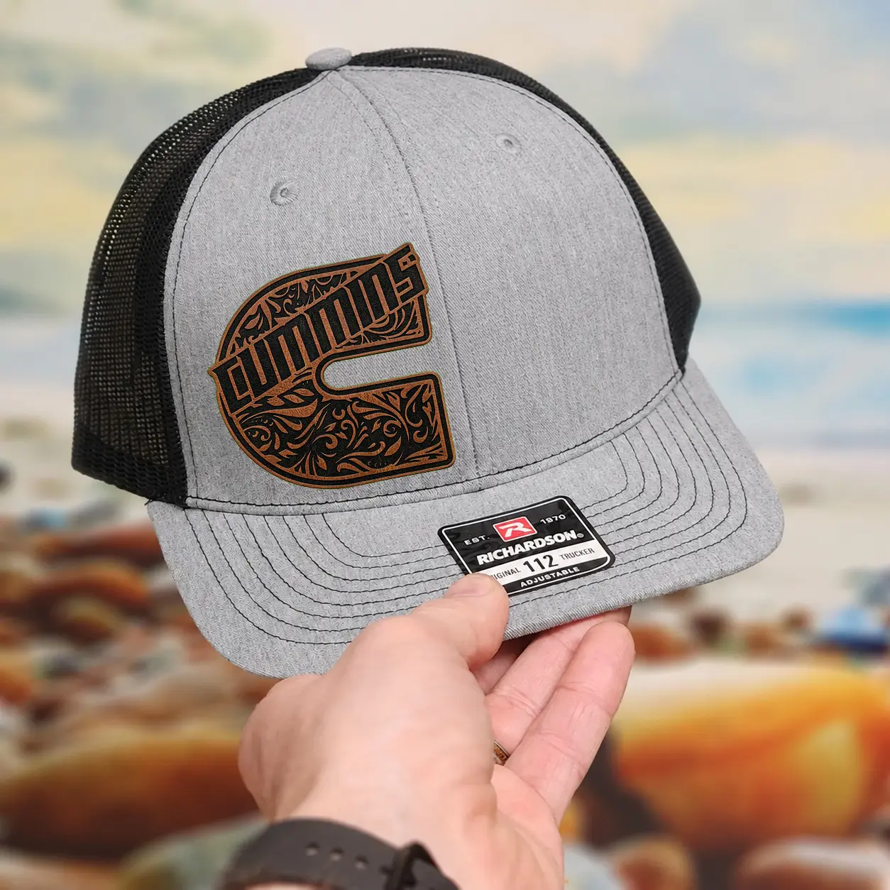 Cummins Diesel Leather Patch Hat Richardson 112 Trucker Cap Western Floral Engraved Leather Patch Snapback Heather Grey and Black Mesh Back Trucker Hat Gift for Truckers Diesel Power Apparel Men'