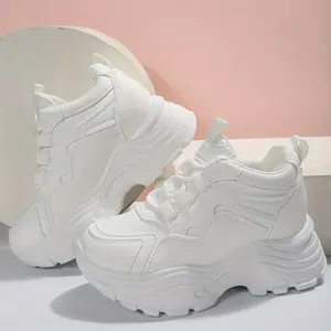 Women’s platform chunky sneakers, solid color lace-up height-increasing shoes, casual walking footwear, lightweight training trainers