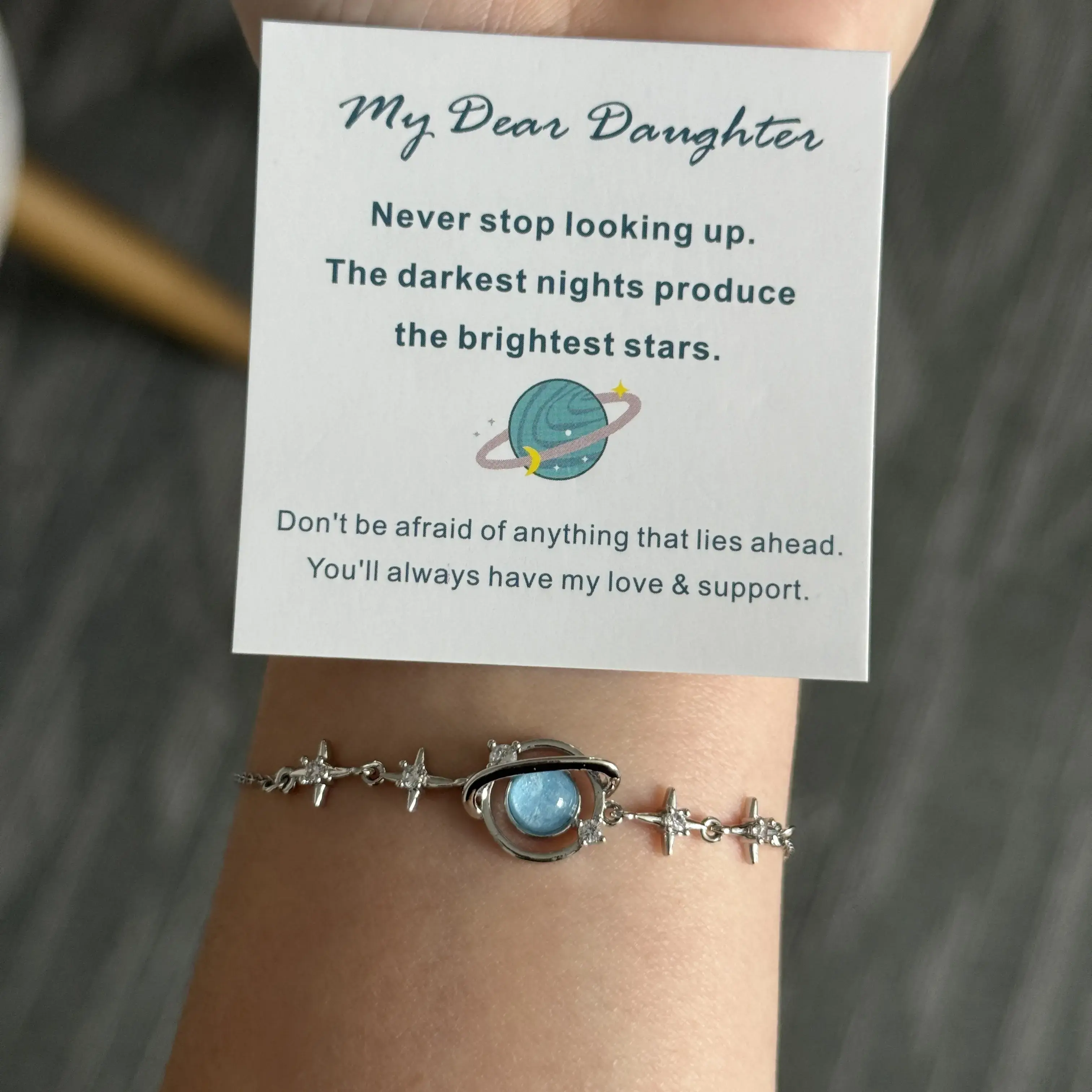 To My Daughter Gift Item, Celestial Crescent Moon-Star Charm Bracelet & Bangle, Crescent Moon And Star Bracelets & Bangles, Celestial Bracelets & Bangles