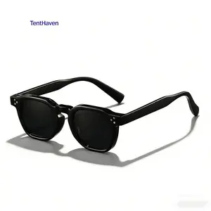 Vintage Square-Frame Classic Sunglasses, Black Acetate Frame, Rivet-Detailed Temples, Dark Tinted Lenses, Rimless-Inspired Stylish Eyewear for Sports, Outdoor Cycling & Leisure Activities