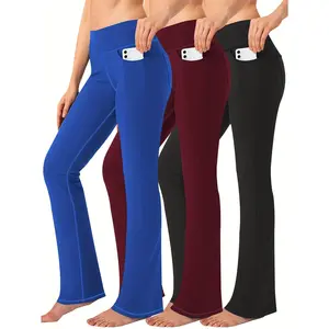 Women's Plus Size High-Waisted Stretch Yoga Flare Pants with Side Pockets - 3pcs, Purple, Navy Blue, Black, Casual & Comfortable Bell Bottoms for All-Day Wear