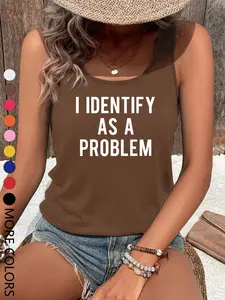 Women's Summer Letter Print Crop Top, Casual Loose Fit Sleeveless Vest, Round Neck Heart and Geometric Pattern, Multicolor Options, All Seasons Wear, Womenswear