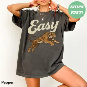 Easy Tiger Shirt - Distressed Comfort Colors T-Shirt, Oversized Graphic Tee, Indie Tshirt, Aesthetic Trendy T Shirt, Retro Animal Shirt