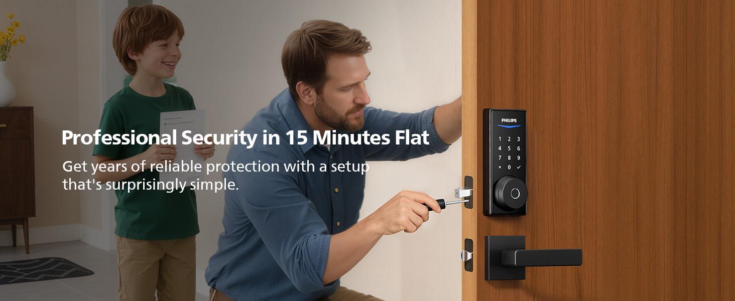 Philips Built-in WiFi Smart Lock, Keyless Entry Door Lock with App, Touchscreen, Fingerprint Door Lock — Compatible with Alexa & Google, Splash-Proof Design, Includes 8 Batteries, Black