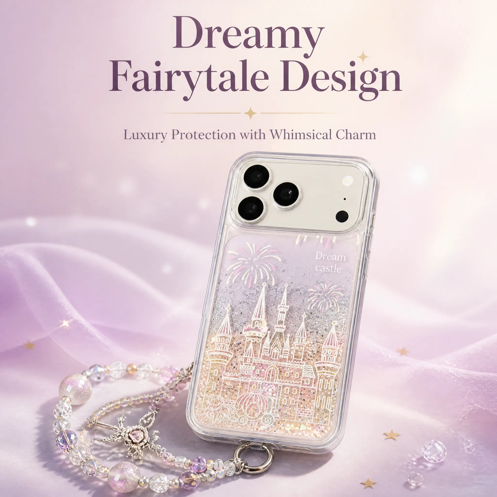 Cute Castle Glitter Liquid Phone Case with Purple Crystal Chain Strap for iP, Aesthetic Floating Quicksand Cover, Compatible with iP 17/16/15/14 Series, Y2K Fairy Kei Accessory for Teens & Women