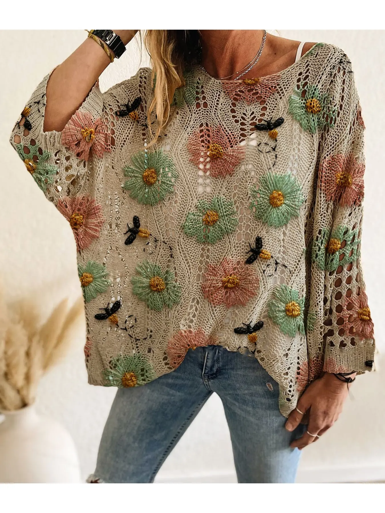 Spring/Summer style, boat neck, diamond hollow out, batwing drop shoulders, loose fit, color-block floral print, long-sleeve women's knit top, Casual Pullover, vacation style, casual elegant commute, ladies' vest cover-up, bikini cover-up