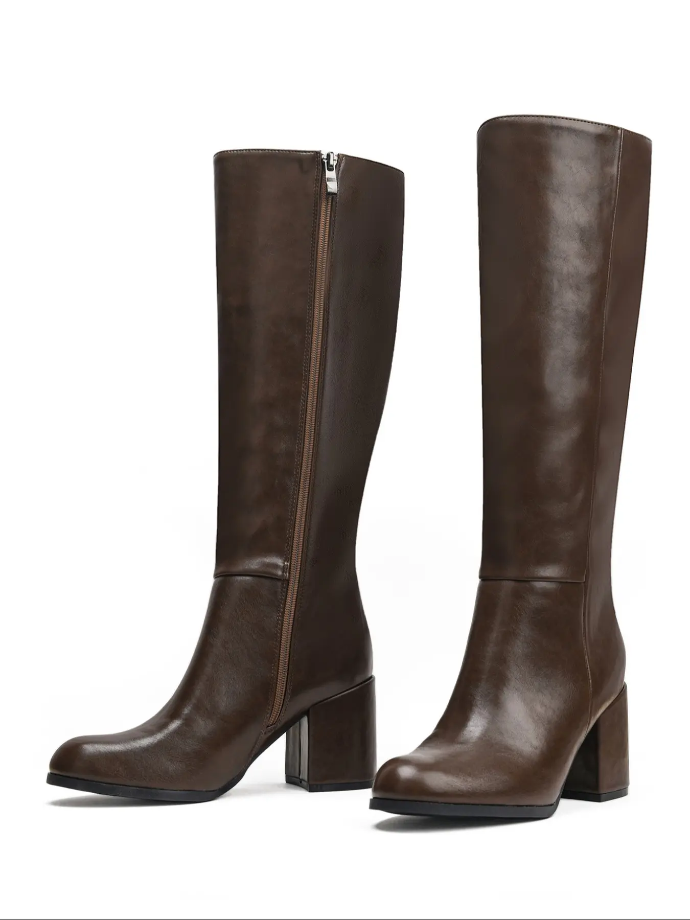 Women's Fashionable Solid Color Round Toe Boots, Trendy Zipper Design High Heel Boots, Stylish Knee-High Boots for Daily Wear, Casual Warm Rubber Boots, Heels Boots, Footwear