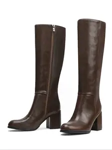 Women's Fashionable Solid Color Round Toe Boots, Trendy Zipper Design High Heel Boots, Stylish Knee-High Boots for Daily Wear, Casual Warm Rubber Boots, Footwear