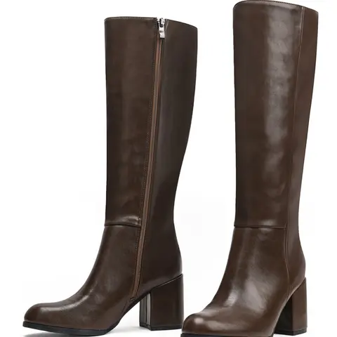 Women's Fashionable Solid Color Round Toe Boots, Trendy Zipper Design High Heel Boots, Stylish Knee-High Boots for Daily Wear, Casual Warm Rubber Boots, Heels Boots, Footwear, Fall Winter Boots