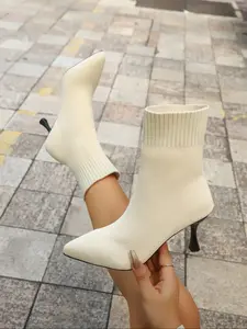 Women's Chunky Heeled Shoes, Pointed Toe High Heels, Elastic Knit Design, No Stretch, Business Ankle Boots, Perfect for Work and Casual Wear