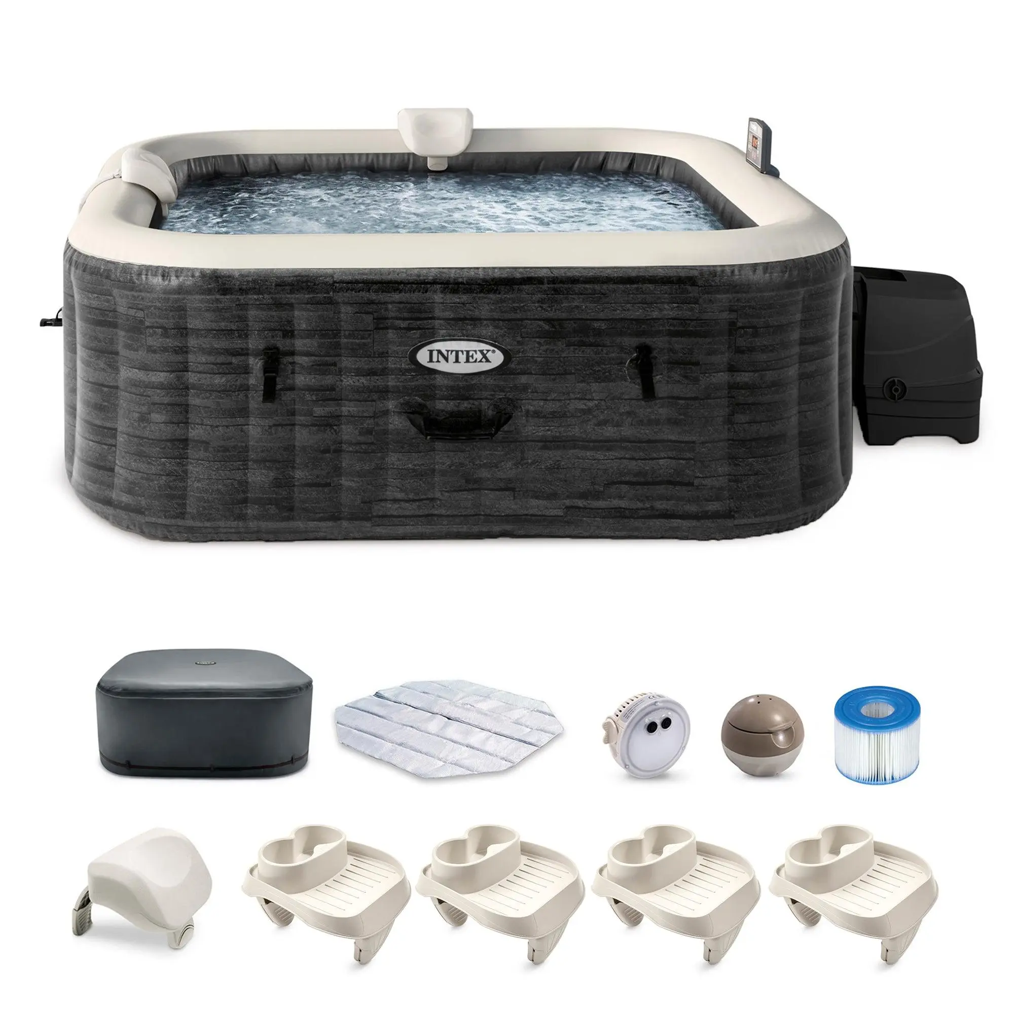 Intex PureSpa Plus Greystone Inflatable Hot Tub, 94 x 28", w/ Cup Holder 4-Pack