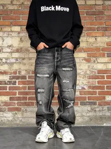 Men's Vintage Wash Scratch Straight Leg Distressed Plain Streetwear Jeans, Trendy Loose Fit Wide Leg Pants, Casual All Season Denim Trousers